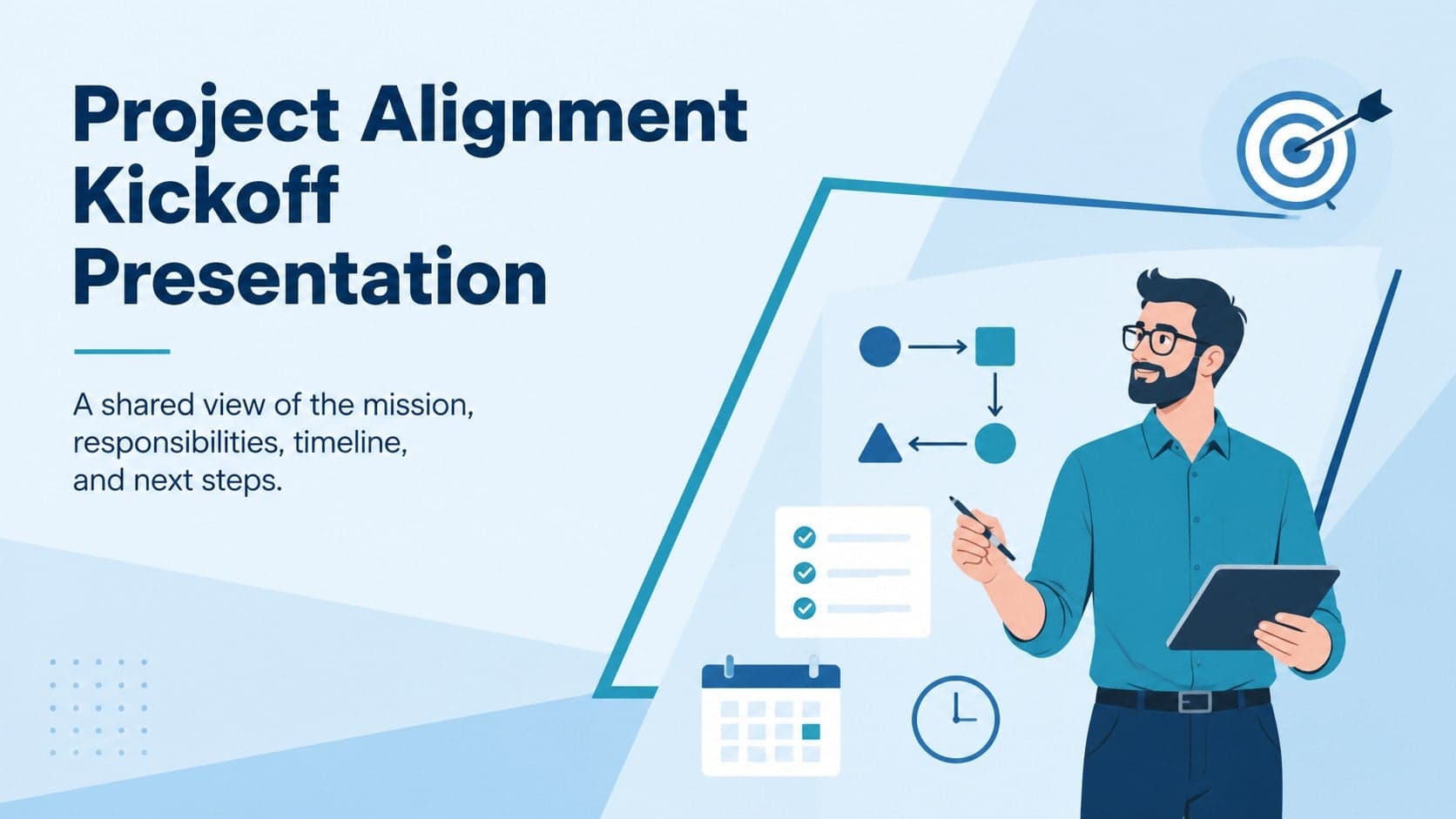 Cover for a blue Project Alignment Kickoff Presentation with a clean illustrated business layout.
