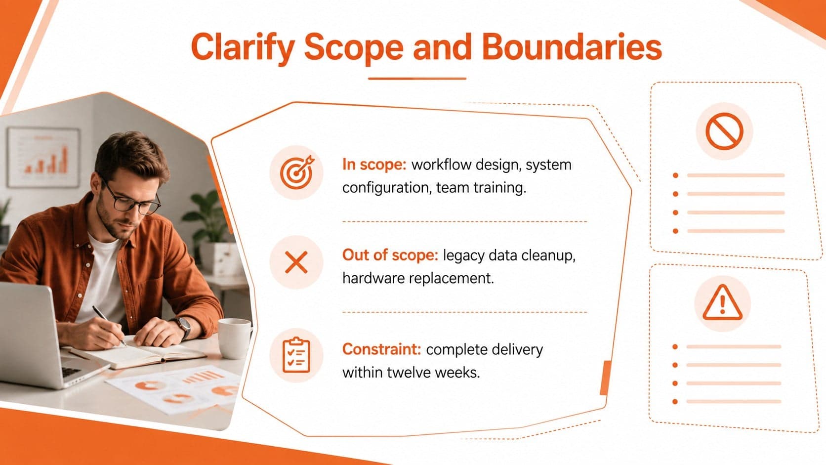 Visual project scoping deck slide separating included work, exclusions, and constraints.
