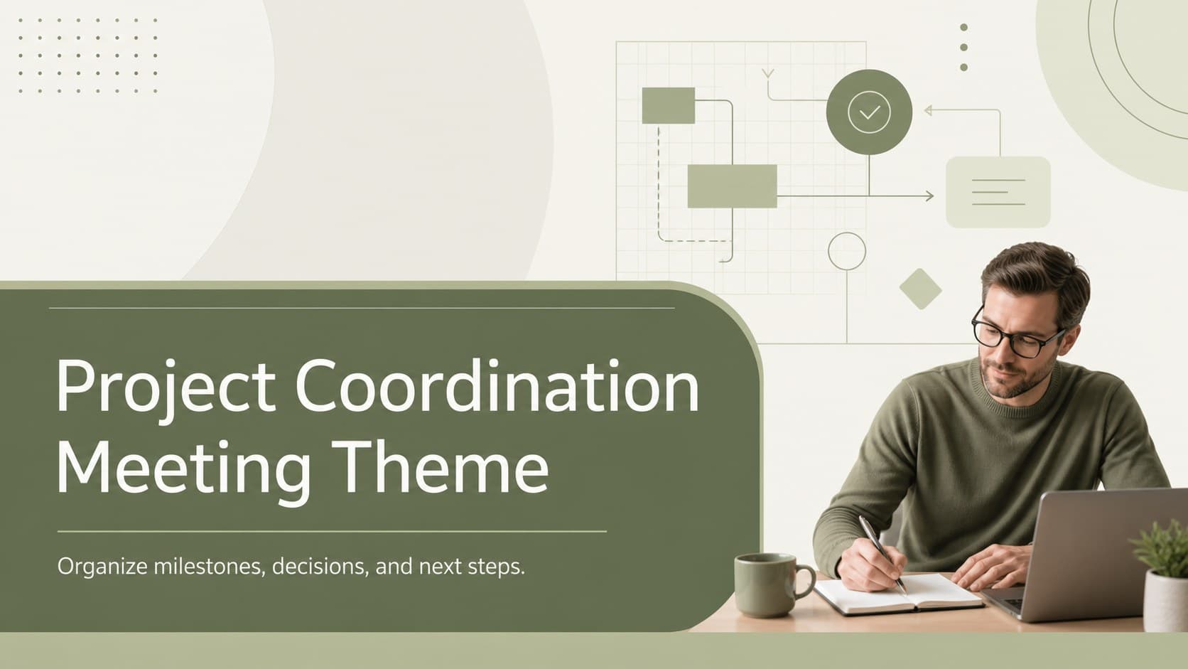 Green project coordination meeting template cover with a refined title block and abstract planning graphics.