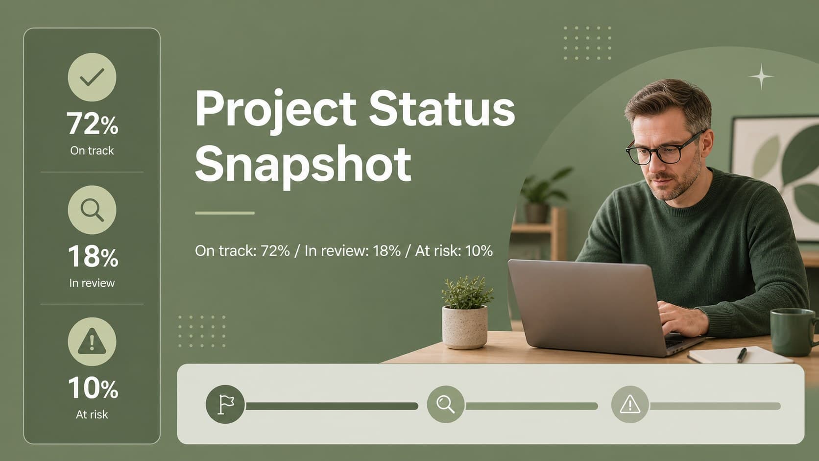 Editable project status meeting slide with green progress indicators and concise update sections.
