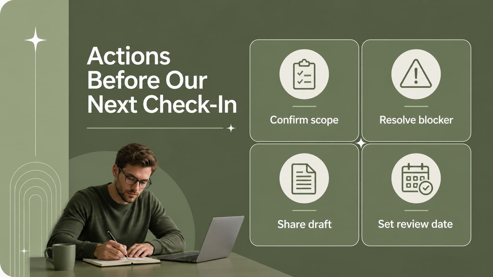 Business action plan slide outlining immediate tasks and owners for a coordinated team.