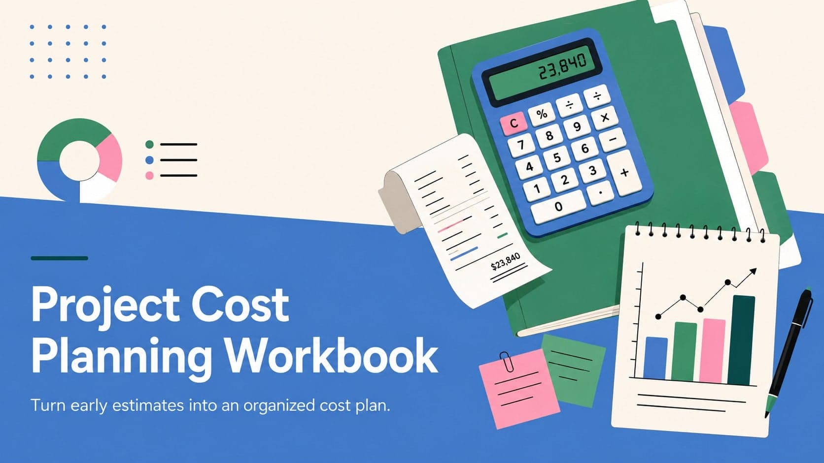 Colorful cover for a Project Cost Planning Workbook with illustrated finance and project management details.