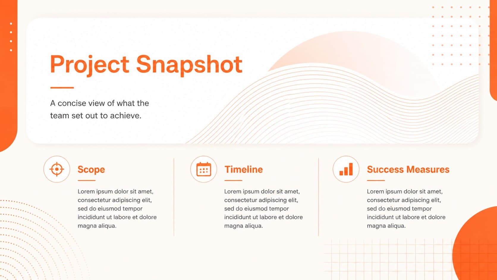 Project debrief presentation template slide summarizing the initiative, scope, timeline, and success measures.