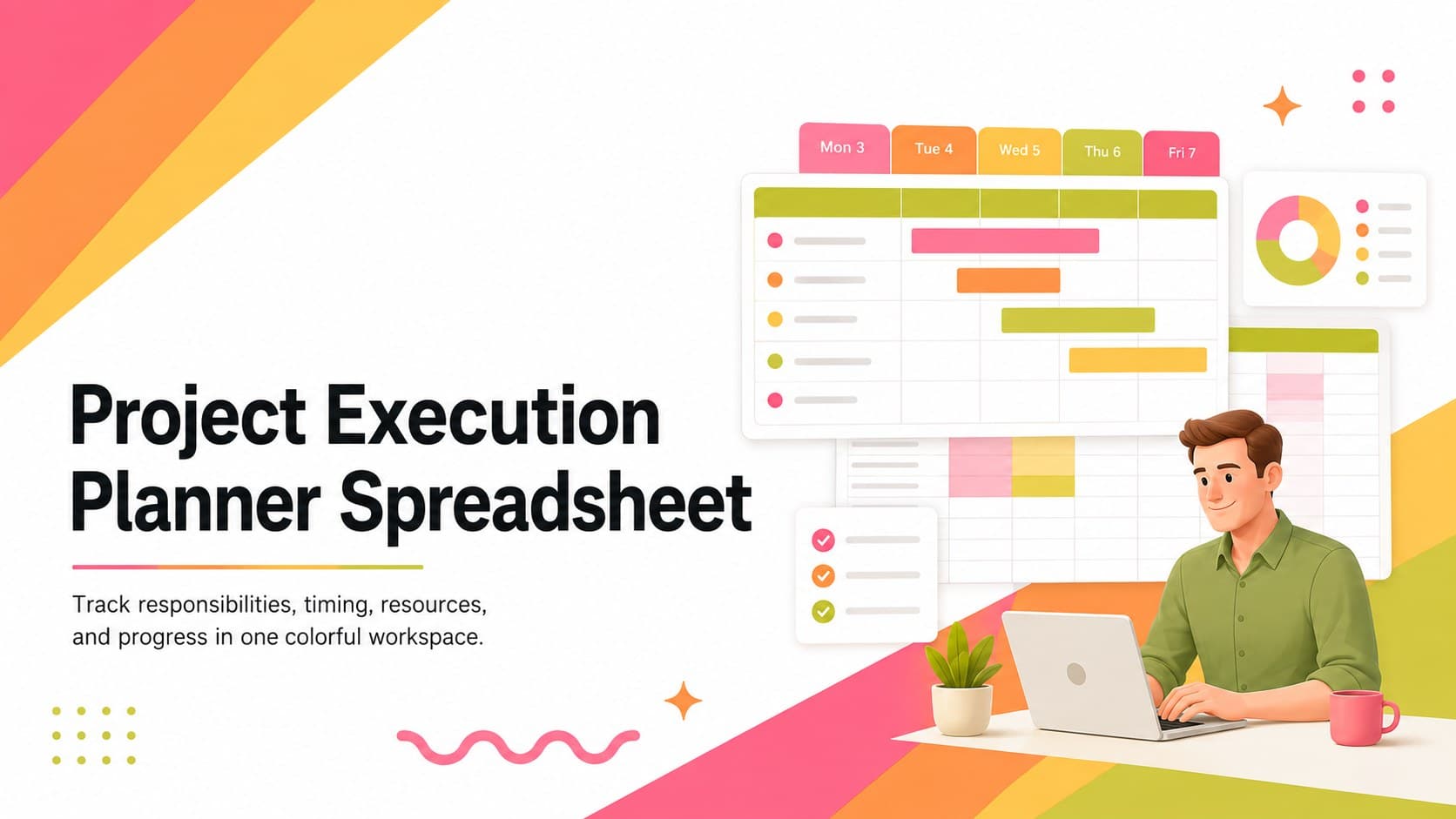 Colorful Project Execution Planner Spreadsheet cover with bold pink and orange planning graphics.