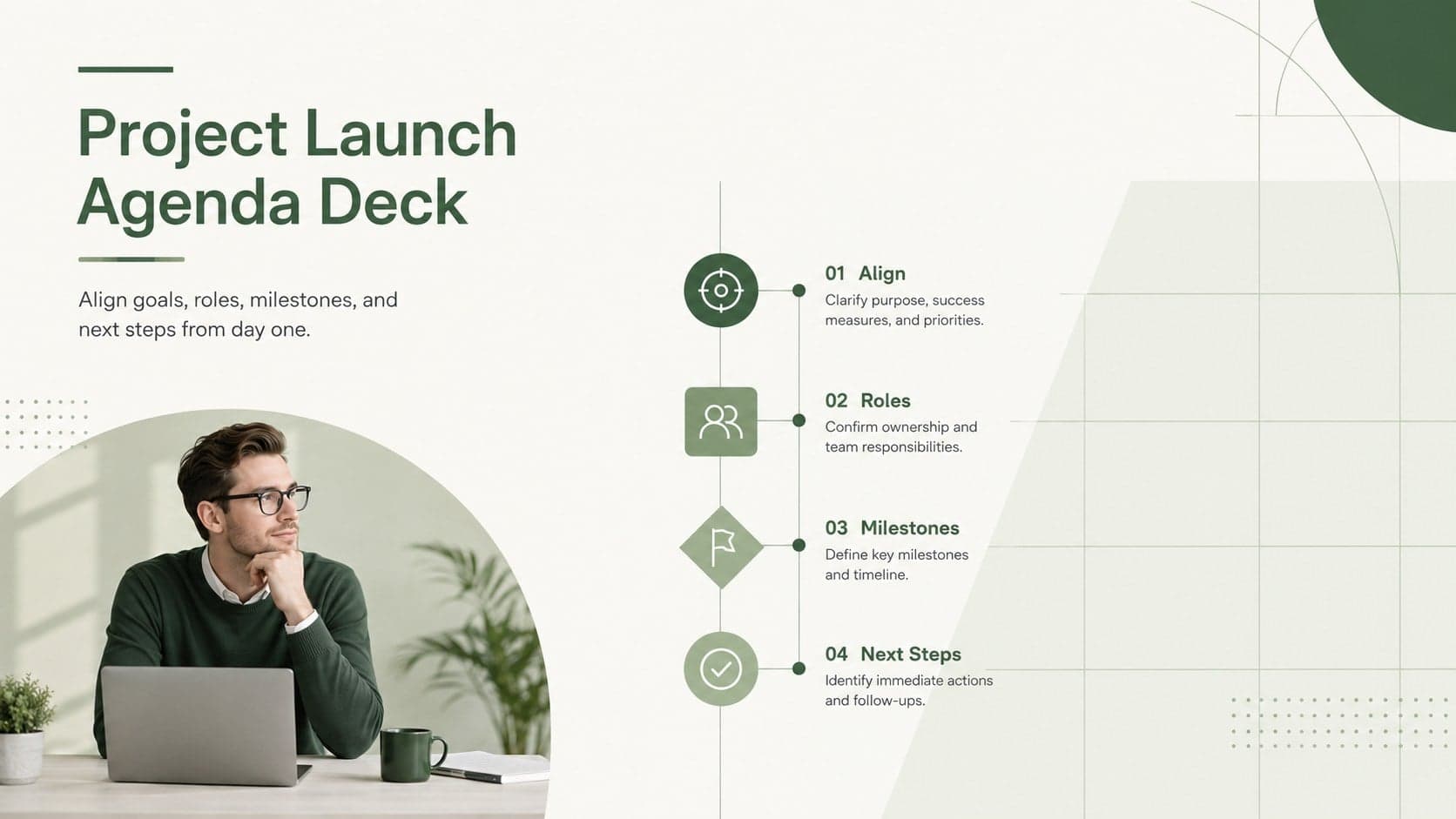 Green Project Launch Agenda Deck cover with an elegant title area and modern geometric planning graphics.