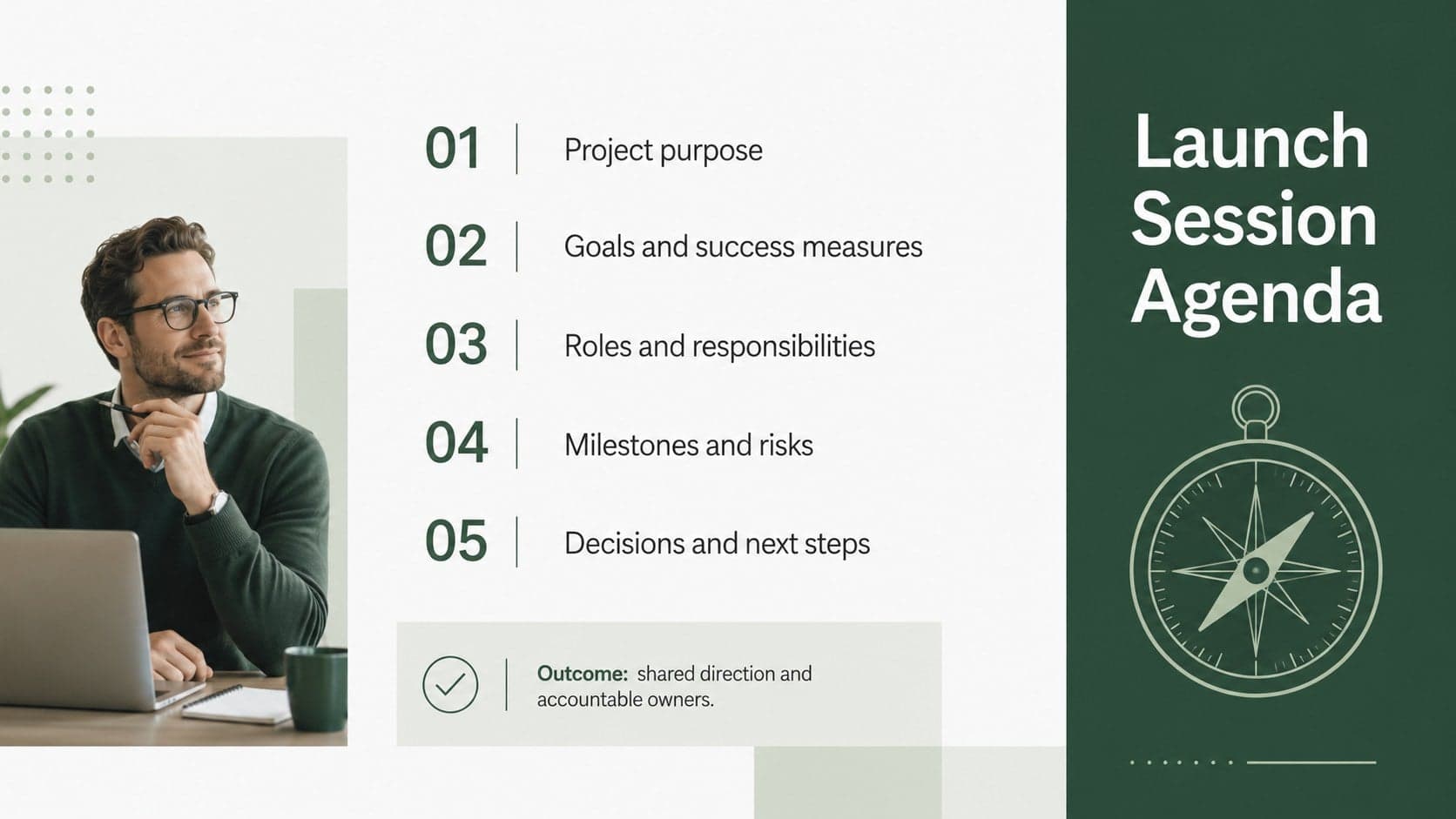 Project launch meeting agenda template listing alignment topics, decisions, and expected session outcomes.