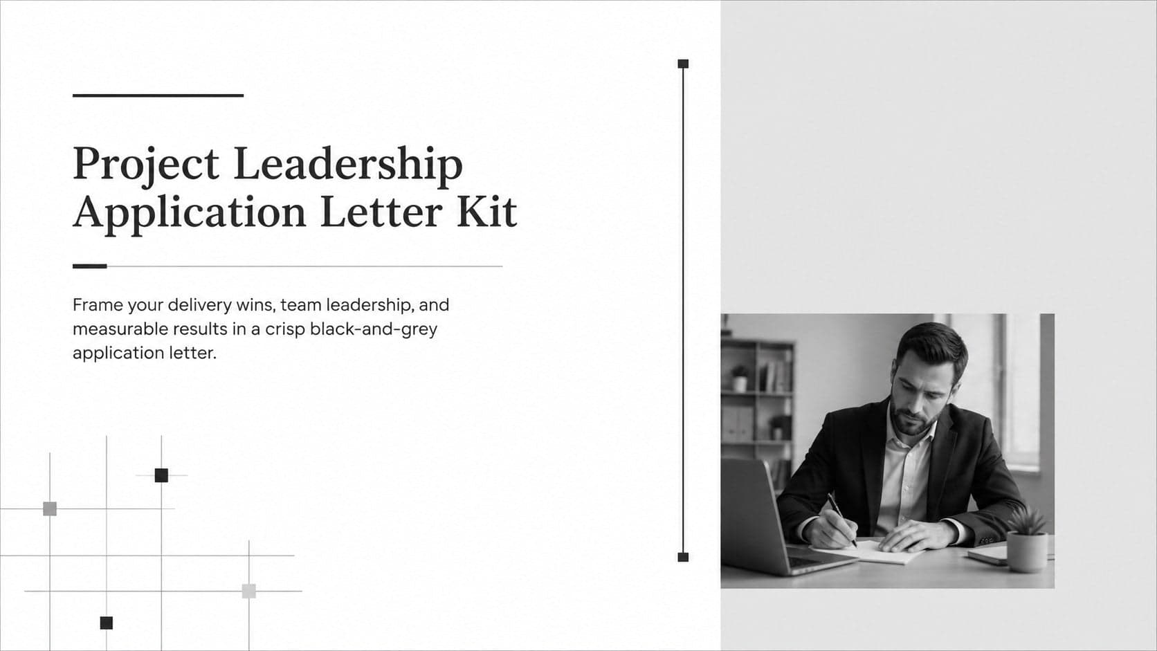 Minimalist black-and-grey cover for the Project Leadership Application Letter Kit with a structured professional title layout.