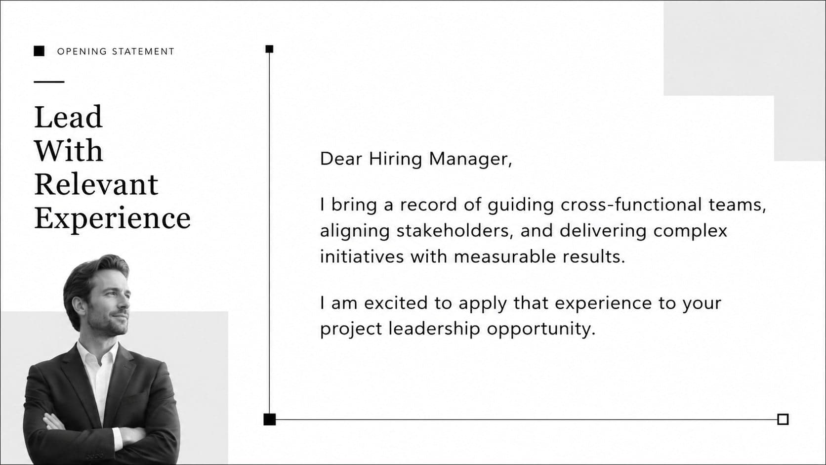 Project leadership application letter opening page featuring a concise introduction and role-alignment statement.
