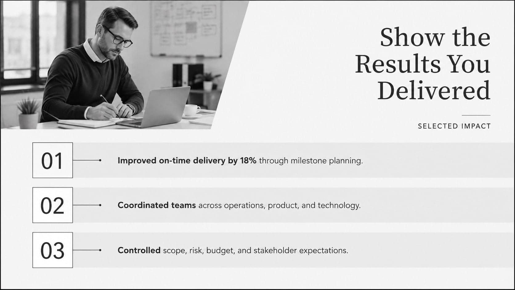 Black-and-grey project management achievements cover letter page with three measurable leadership results.