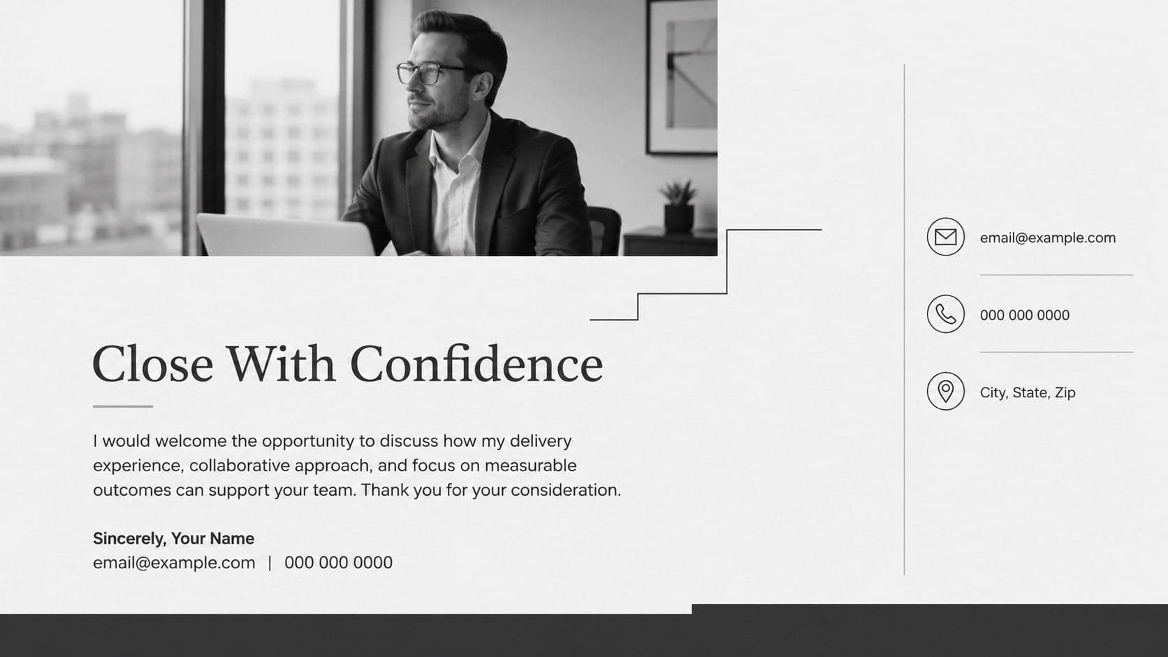 Professional closing page for a project lead job application with contact placeholders and a concise call to connect.