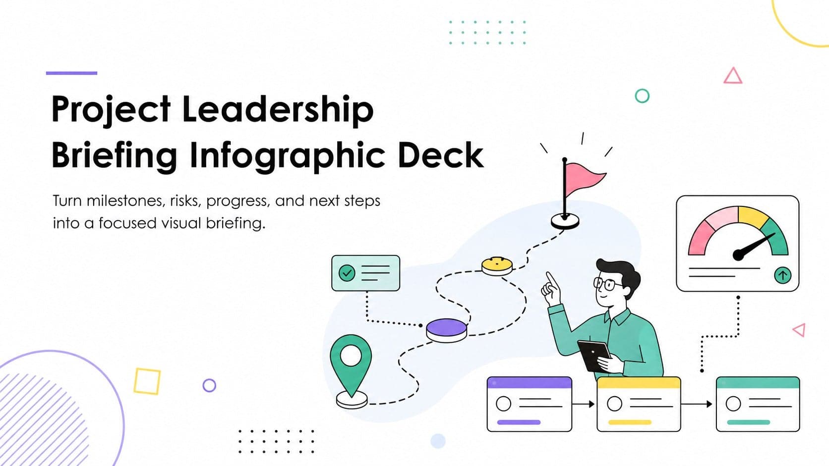 Cover of a colorful Project Leadership Briefing Infographic Deck with illustrated project planning graphics.