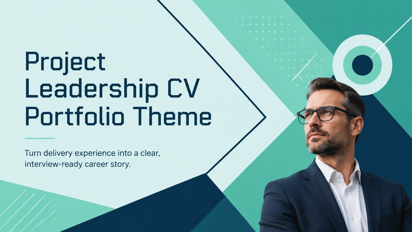 Cover for the Project Leadership CV Portfolio Theme with blue-green geometric styling and a professional career subtitle.