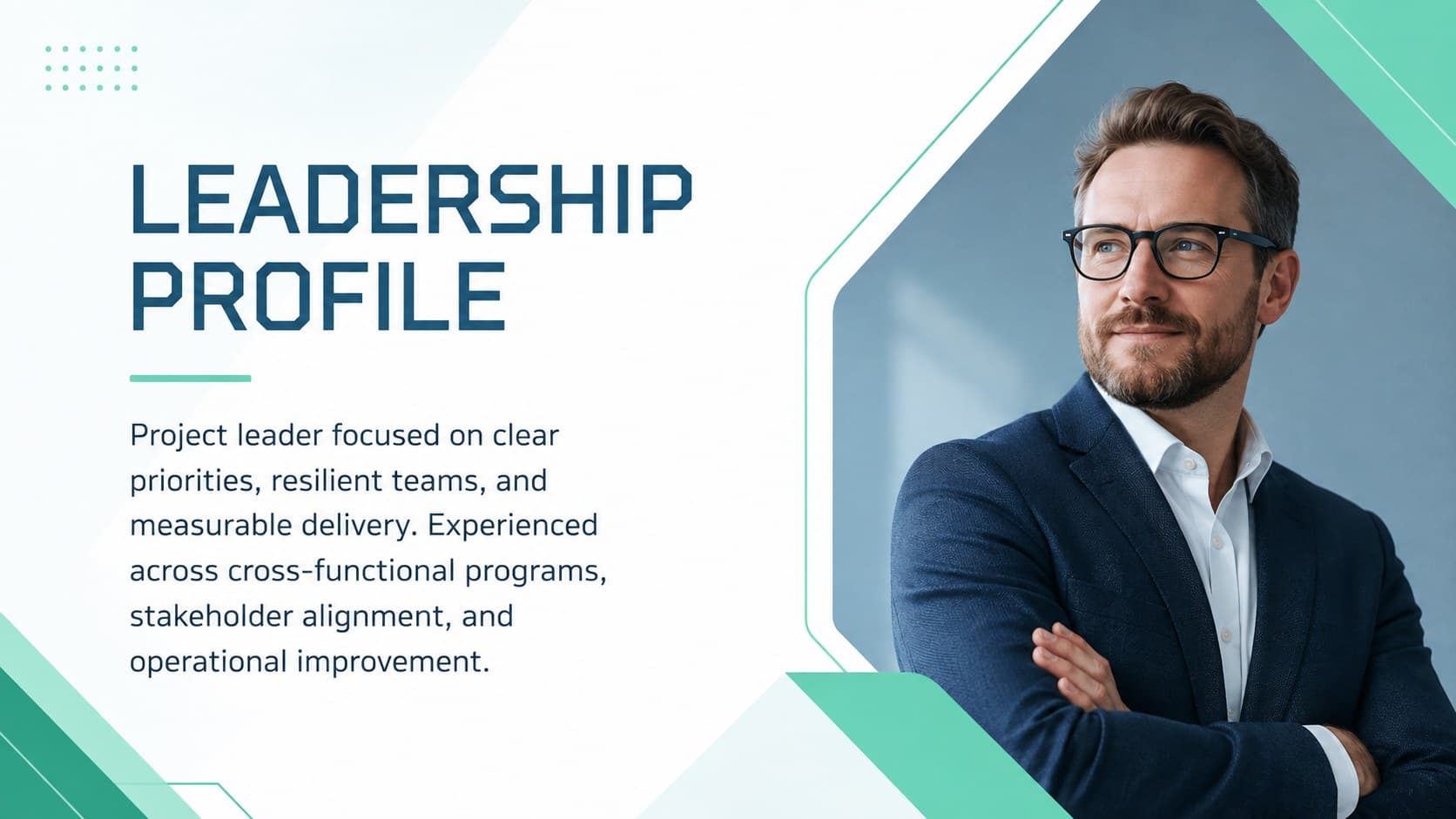 Professional profile slide from a project leadership portfolio template with a portrait area and concise career introduction.