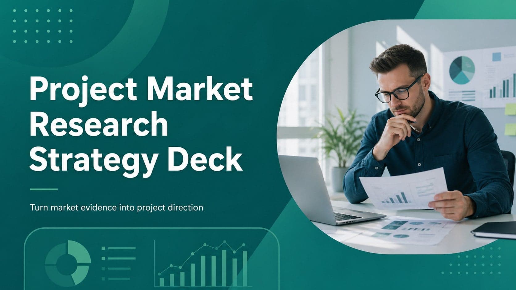 Green corporate cover slide introducing a project market research presentation with a bold strategy headline.