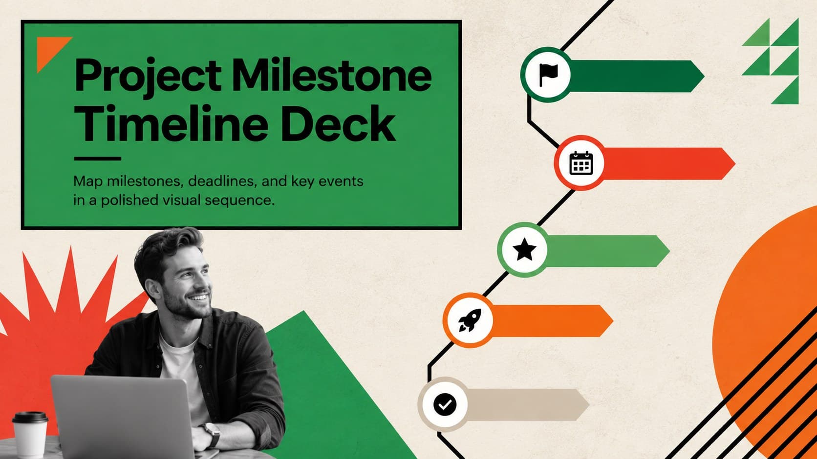 Cover of a colorful project milestone timeline deck with bold geometric accents and a modern vertical sequence.
