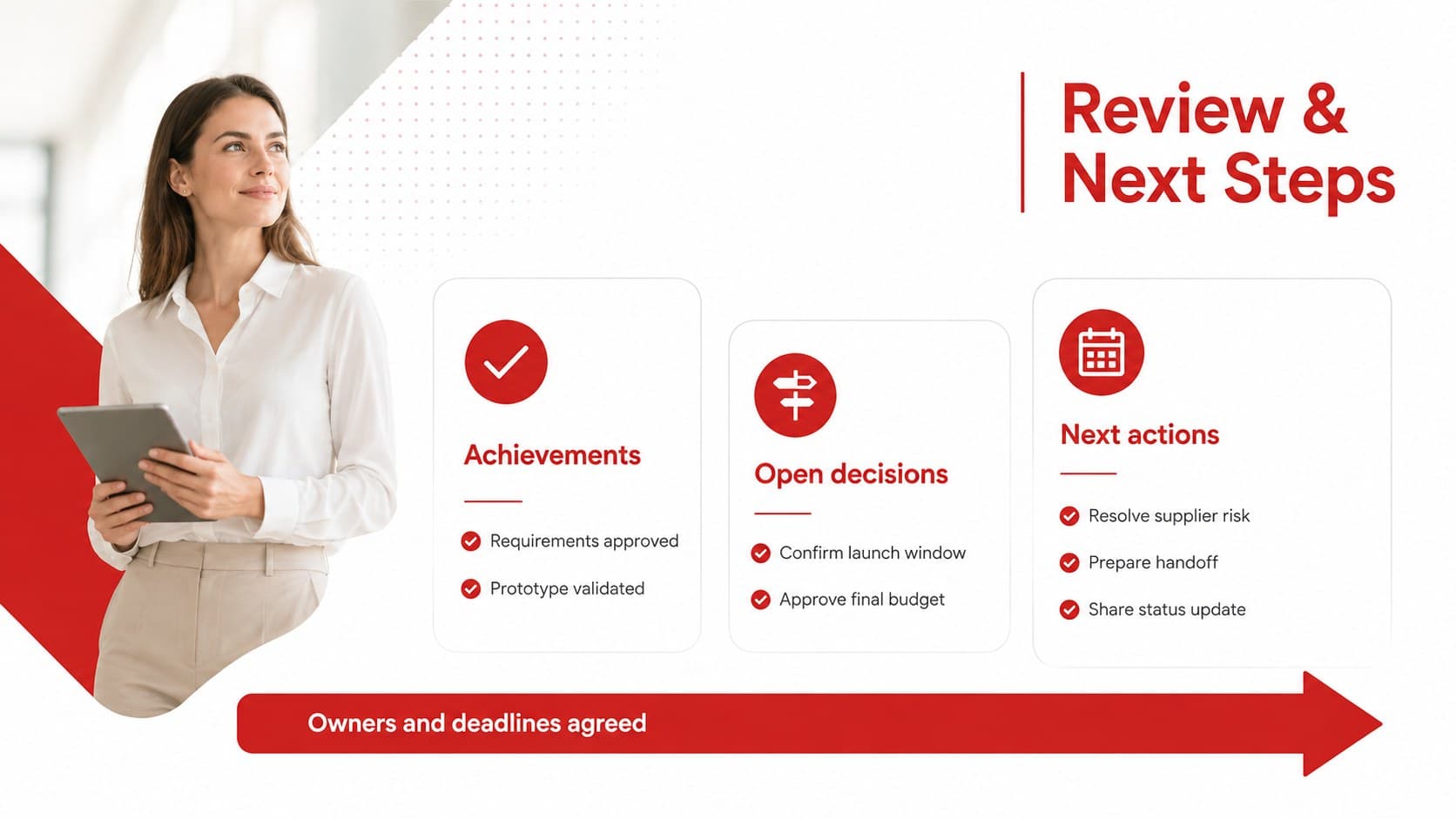 Project phase review slide summarizing achievements, open decisions, next actions, and accountable owners.