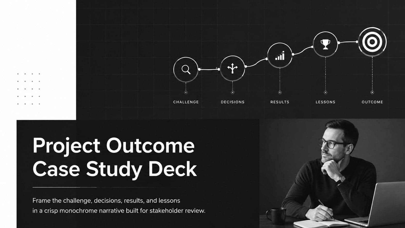 Cover of a black-and-white Project Outcome Case Study Deck for a professional stakeholder review.