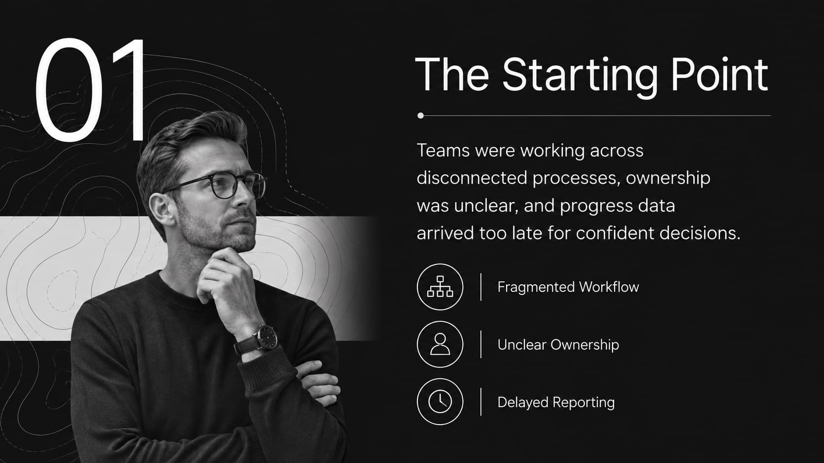 Project context slide outlining the starting conditions and core business challenge in a monochrome case study.