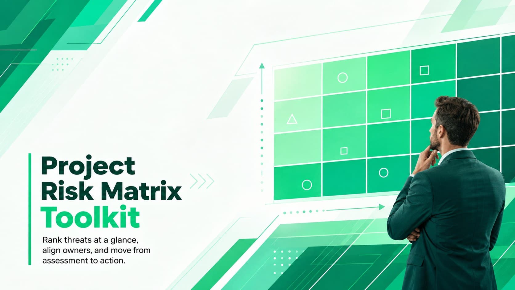 Green abstract cover for the Project Risk Matrix Toolkit with geometric accents and a modern business layout.