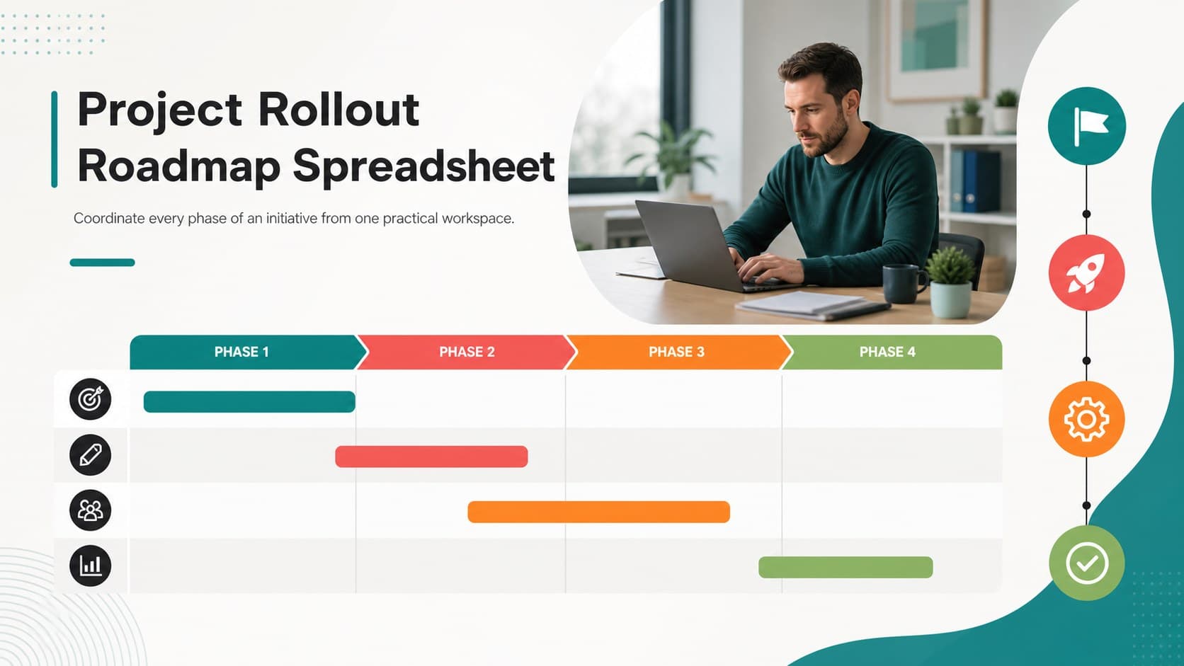 Cover for a Project Rollout Roadmap Spreadsheet featuring a colorful minimalist project planning layout.