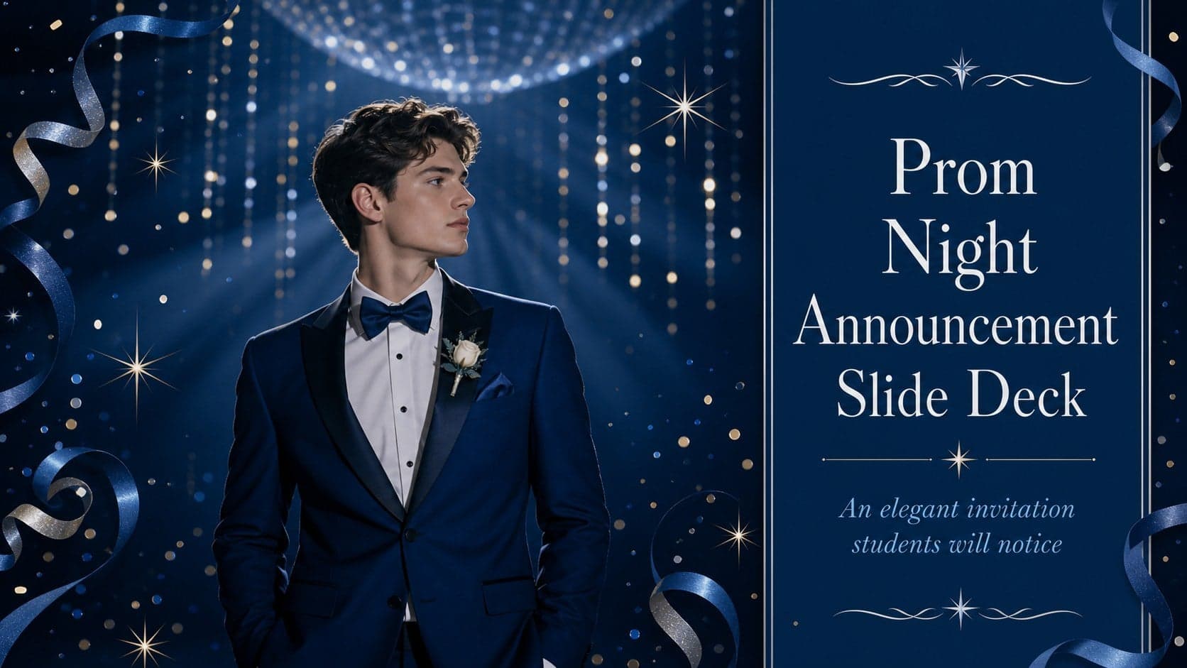 Elegant blue cover slide presenting prom night announcement slides with a refined school dance invitation aesthetic.