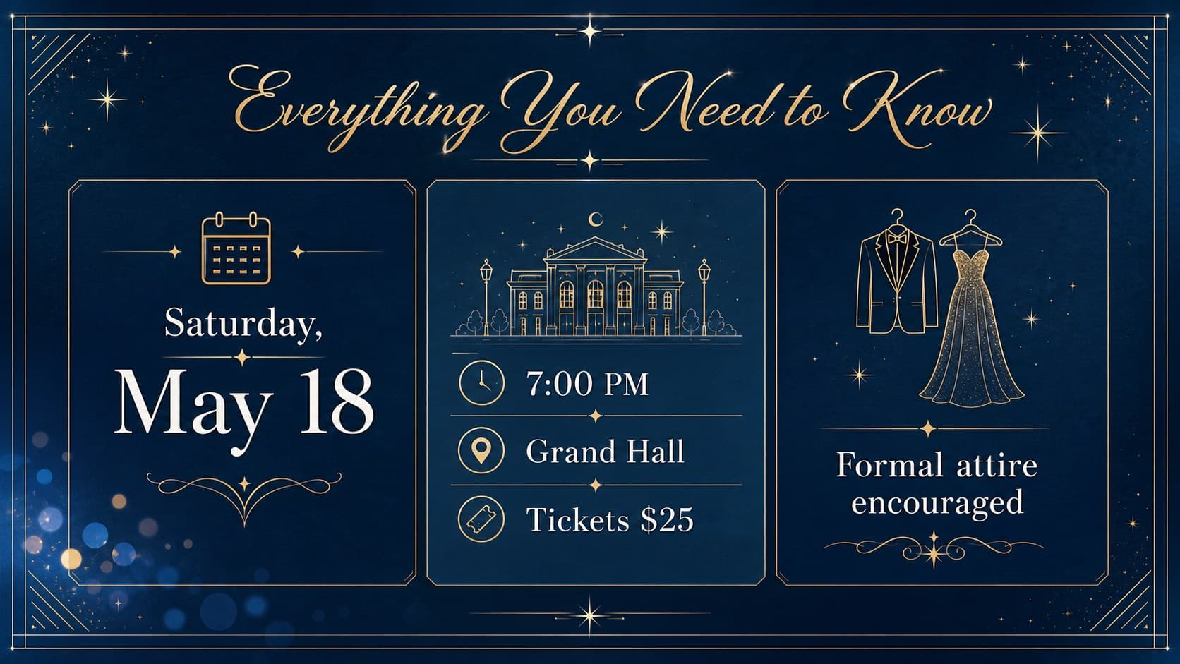 Blue prom event information slide showing editable date, venue, ticket, and dress details for a school dance.