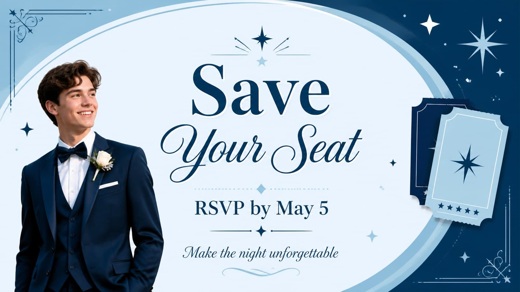 Elegant blue closing slide inviting students to RSVP for an upcoming prom night celebration.