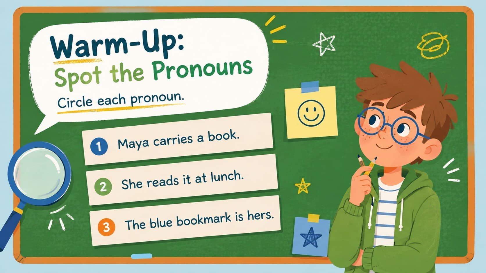 Elementary grammar warm-up slide asking students to find pronouns in three illustrated sentences.