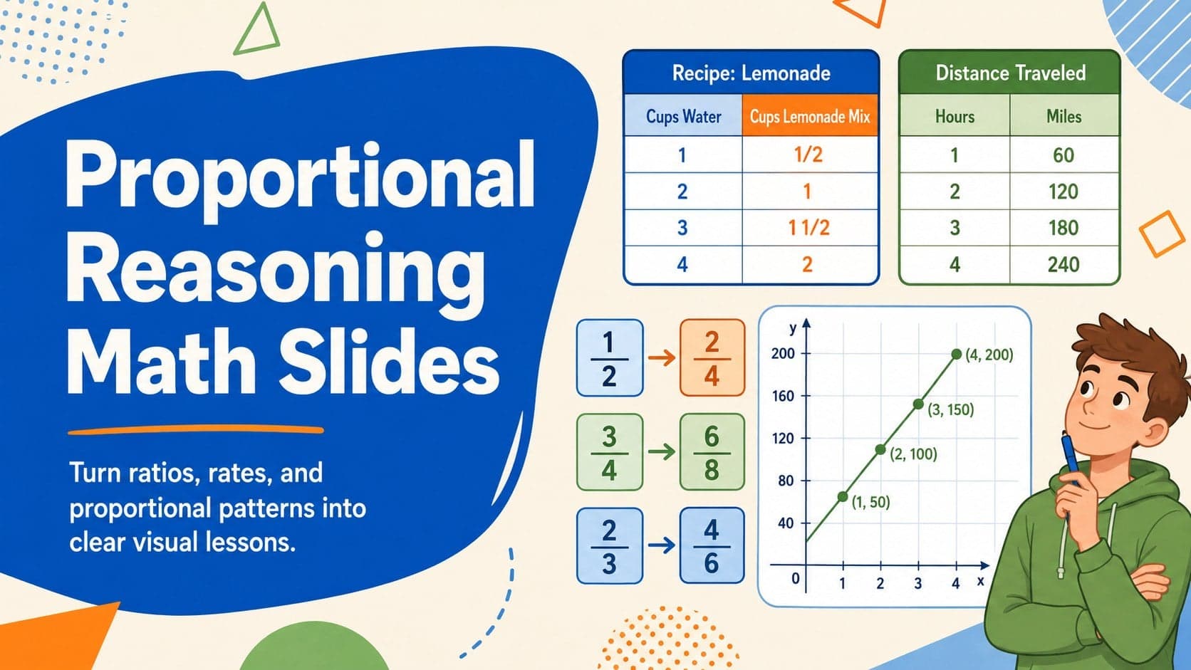 Cover for Proportional Reasoning Math Slides with colorful ratio symbols, graph paper details, and classroom math illustrations.