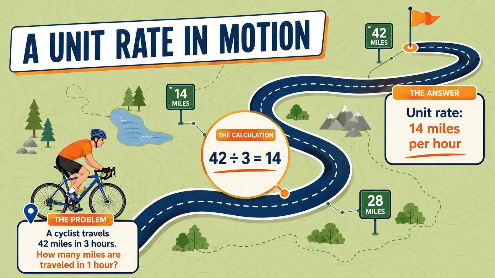 Real-world unit rate example comparing bicycle travel distance and time in a colorful math presentation.