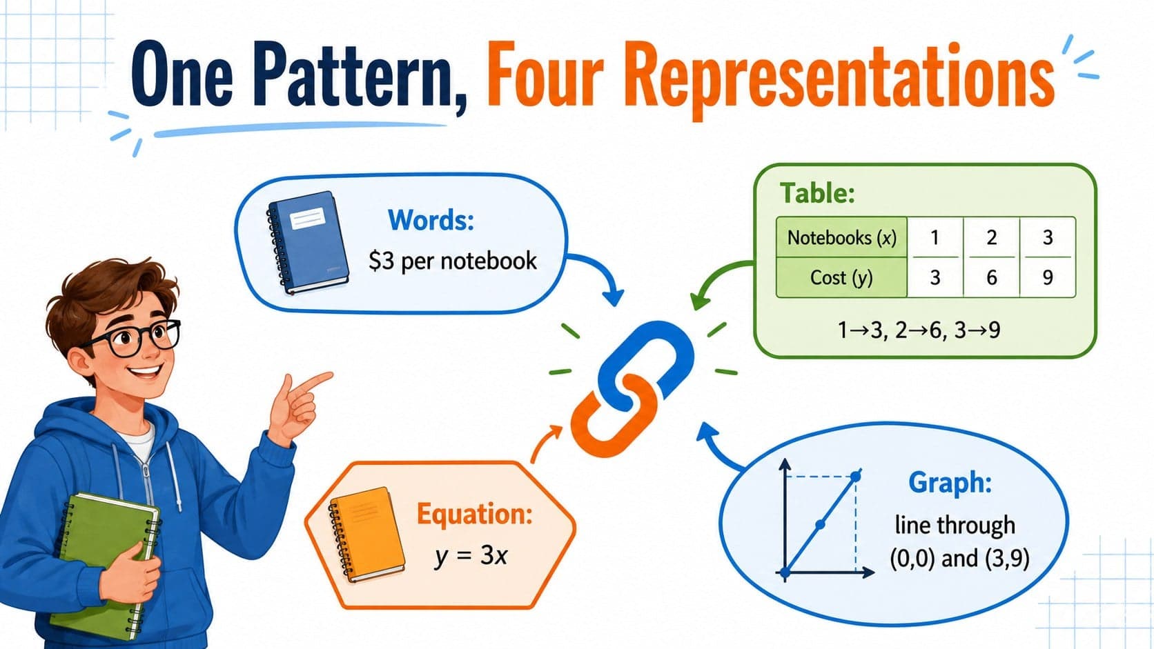 Multiple-representation proportional reasoning slide linking a table, equation, graph, and verbal description.