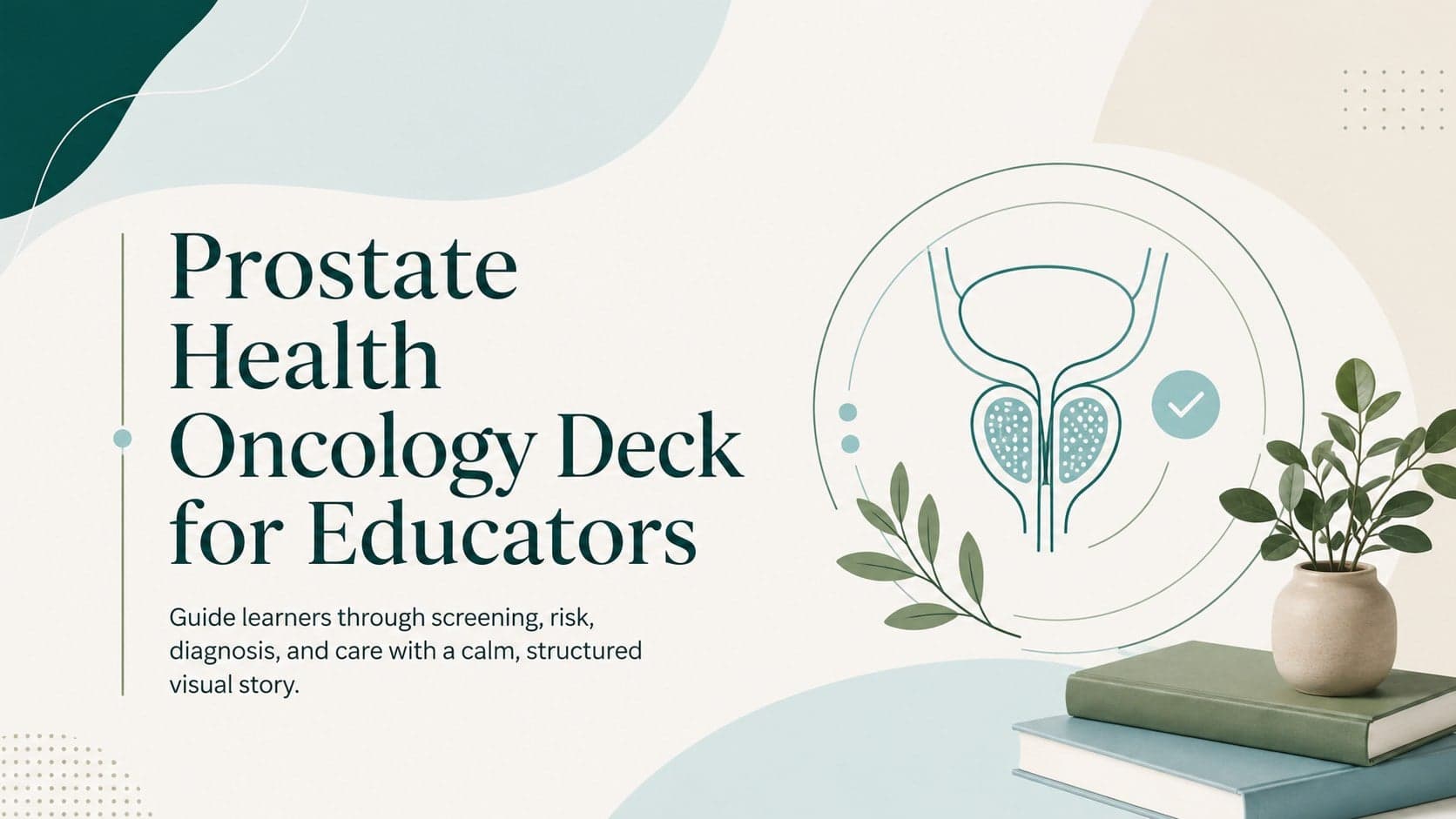 Cover of a prostate health oncology deck with a calm blue, green, white, and beige medical design.