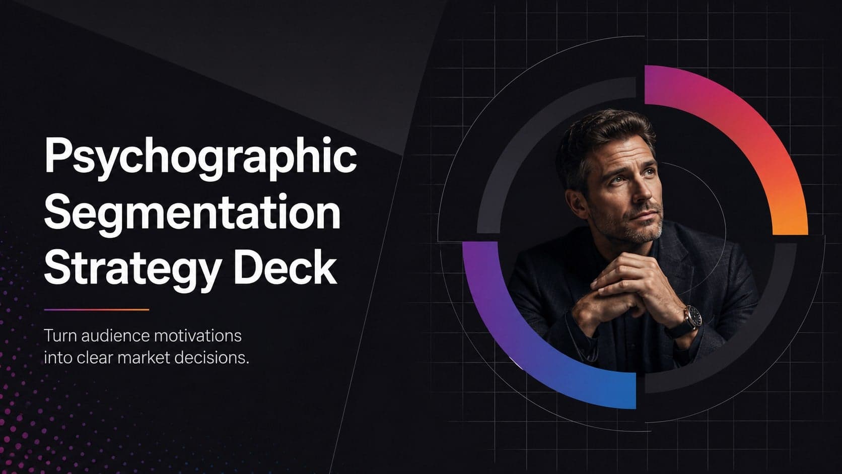 Cover of a dark modern Psychographic Segmentation Strategy Deck with geometric audience-analysis graphics.