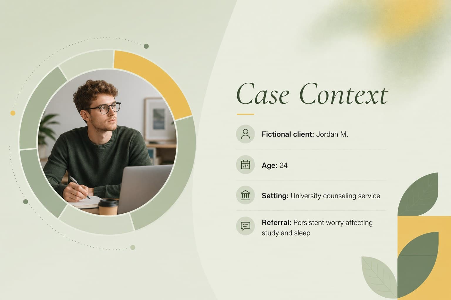 Psychological assessment presentation template slide summarizing a fictional client profile.