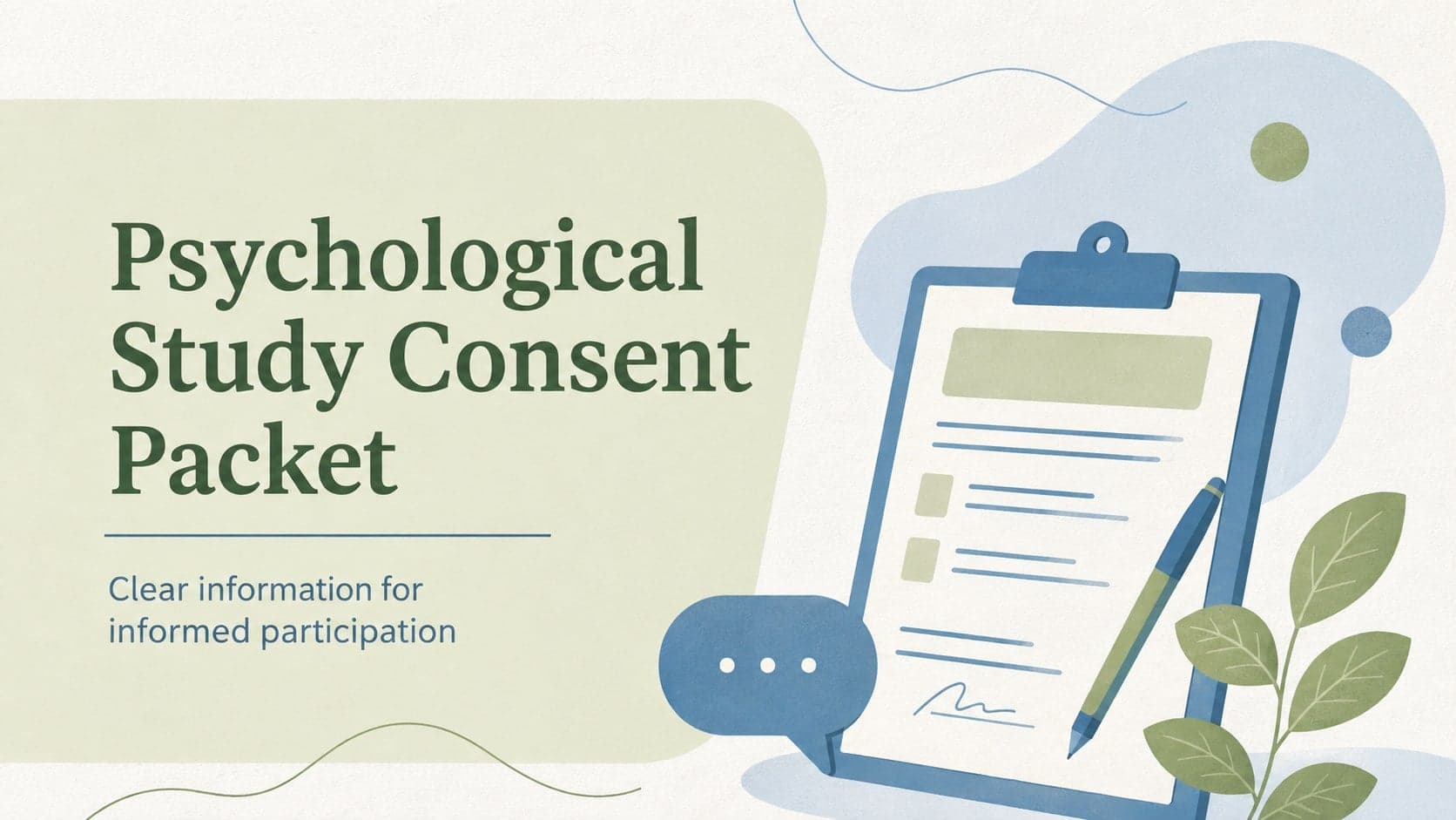 Green and blue cover slide for a psychological study consent packet with an illustrated research participant theme.