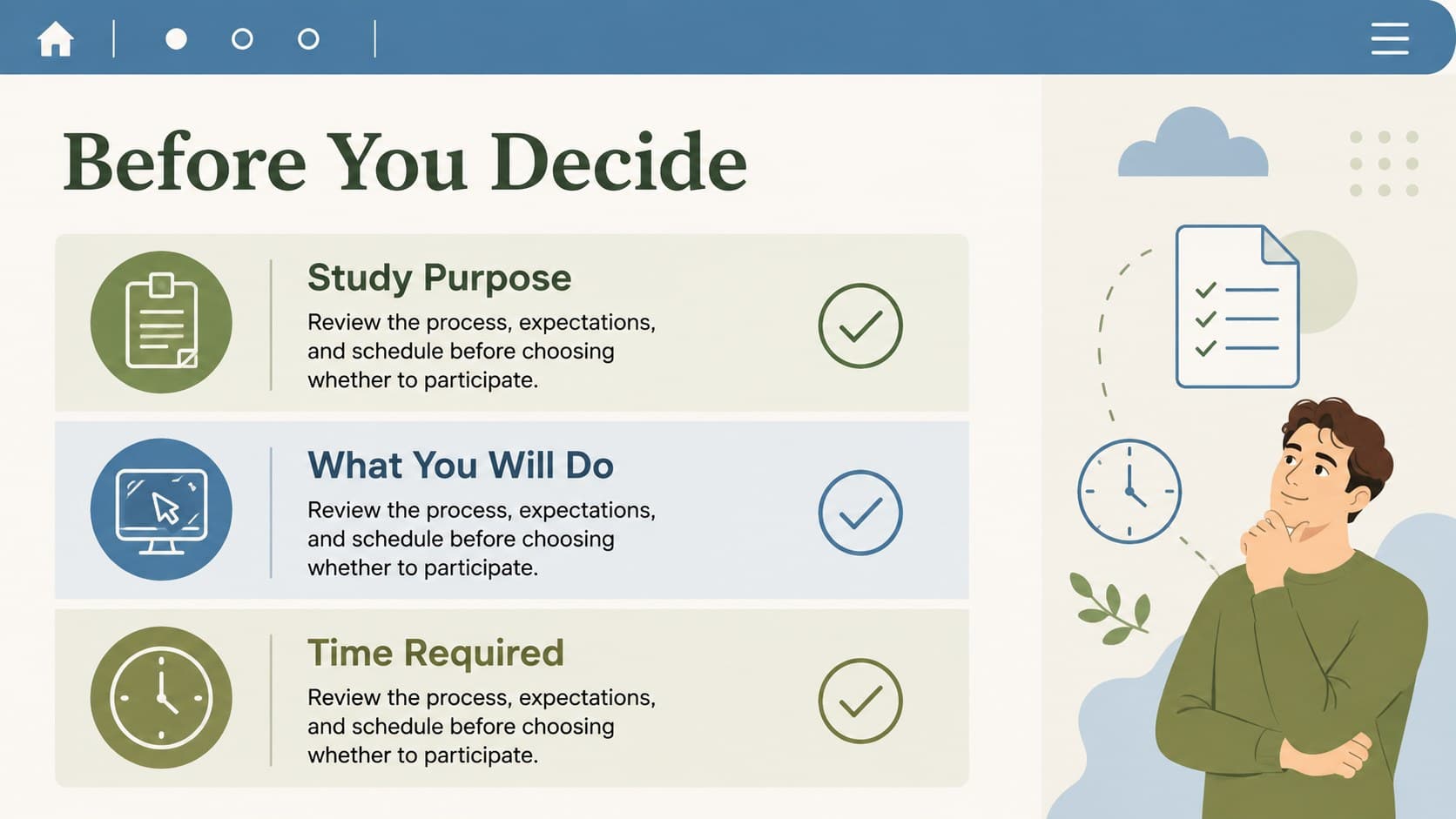 Participant information slide showing study purpose, procedures, and time commitment in an editable consent document layout.