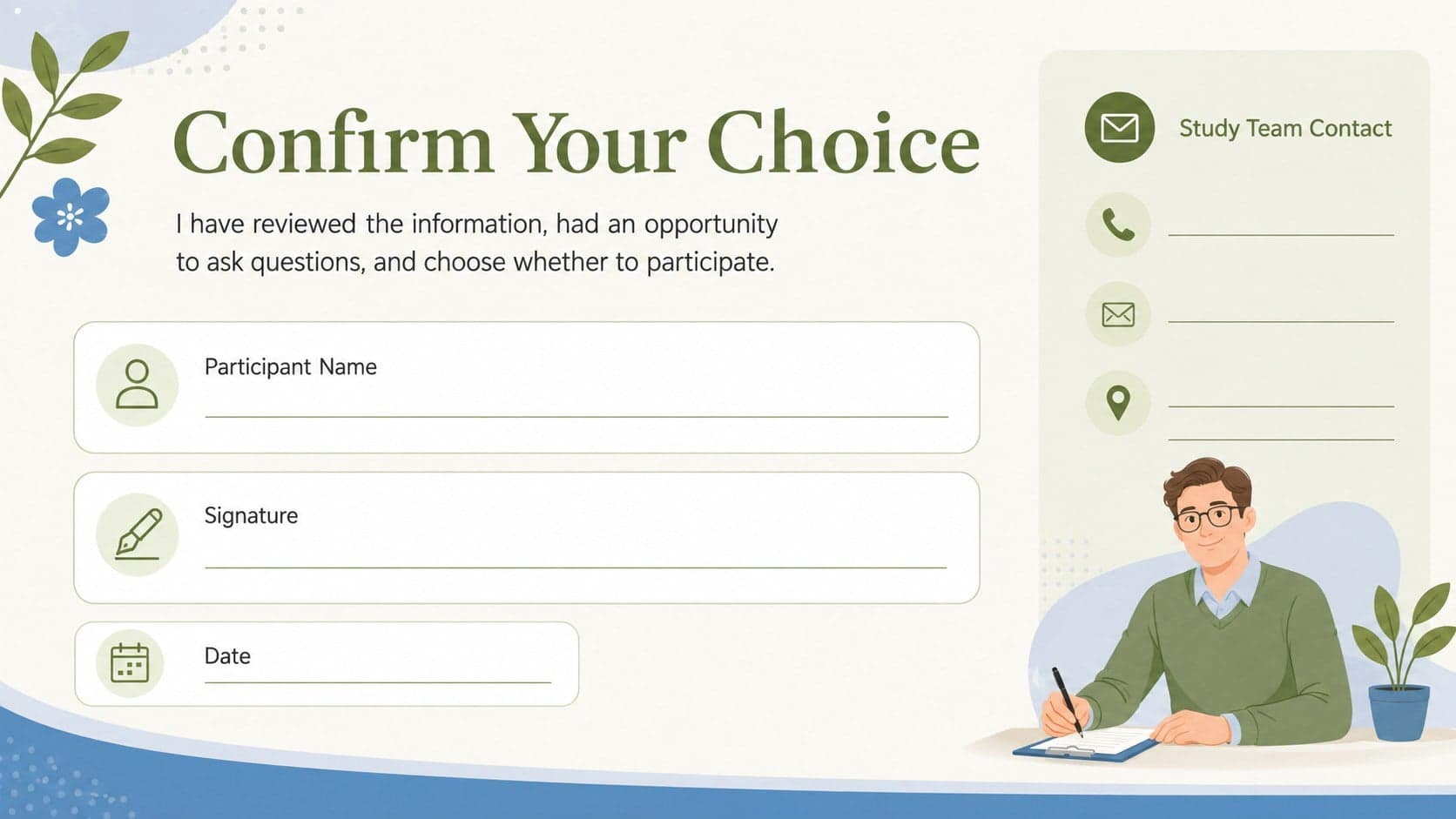 Consent confirmation slide with signature fields and follow-up contact information for mental health study paperwork.