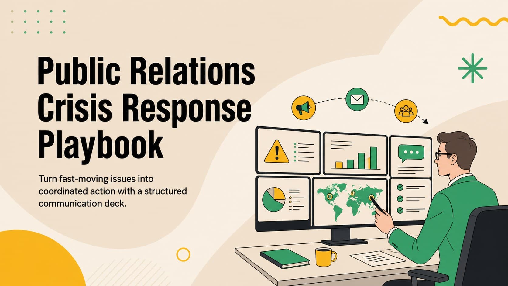 Cover for a Public Relations Crisis Response Playbook with illustrated communication graphics in beige, green, and yellow.