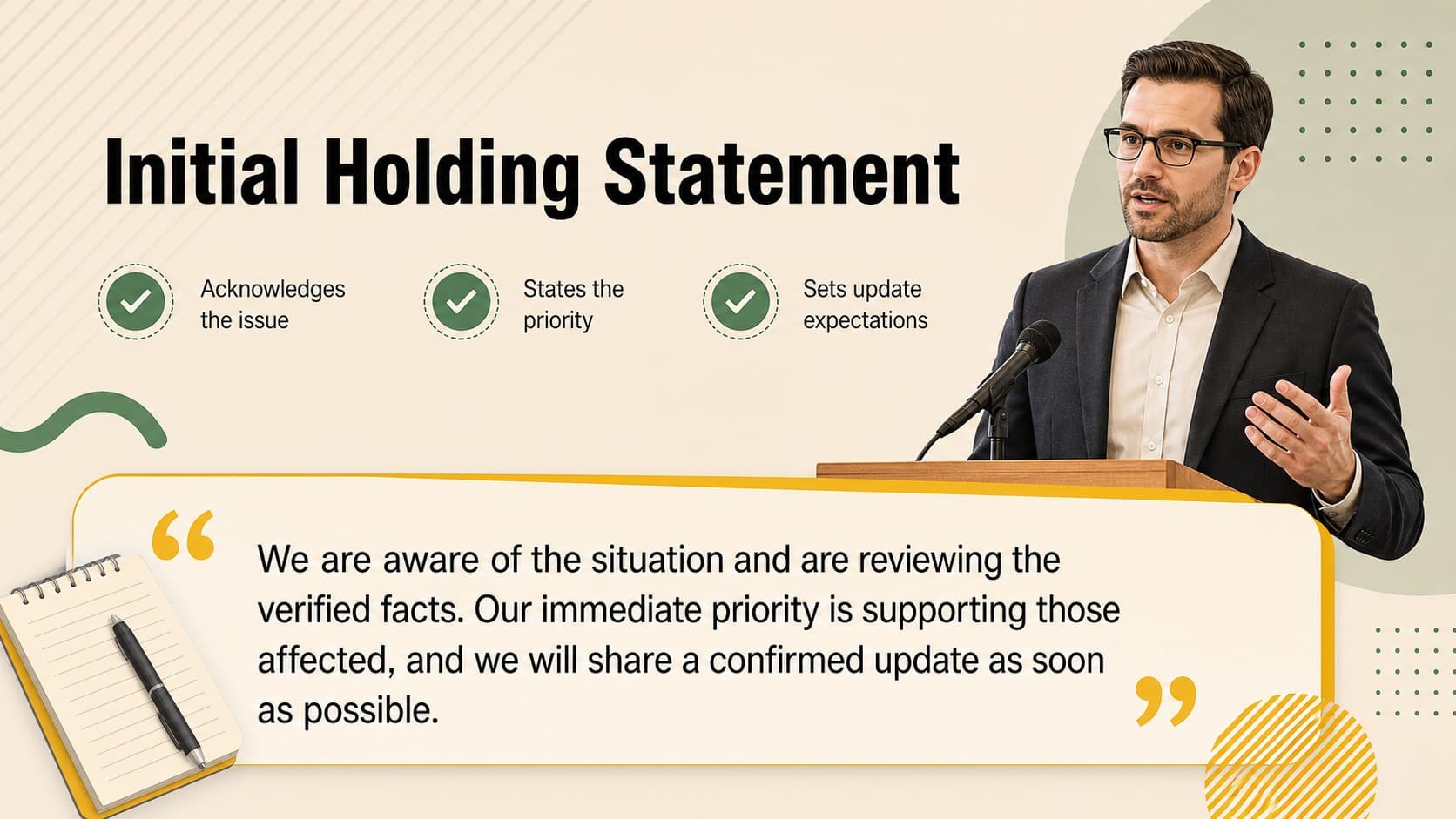 Holding statement slide with a concise initial response for a public relations crisis.