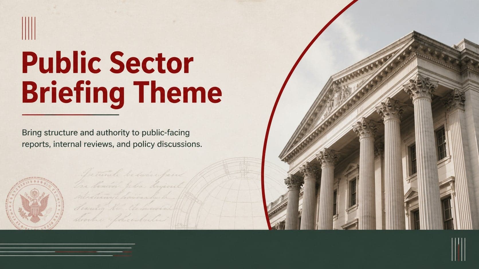 Cover of the Public Sector Briefing Theme with formal green and red typography for a government presentation.