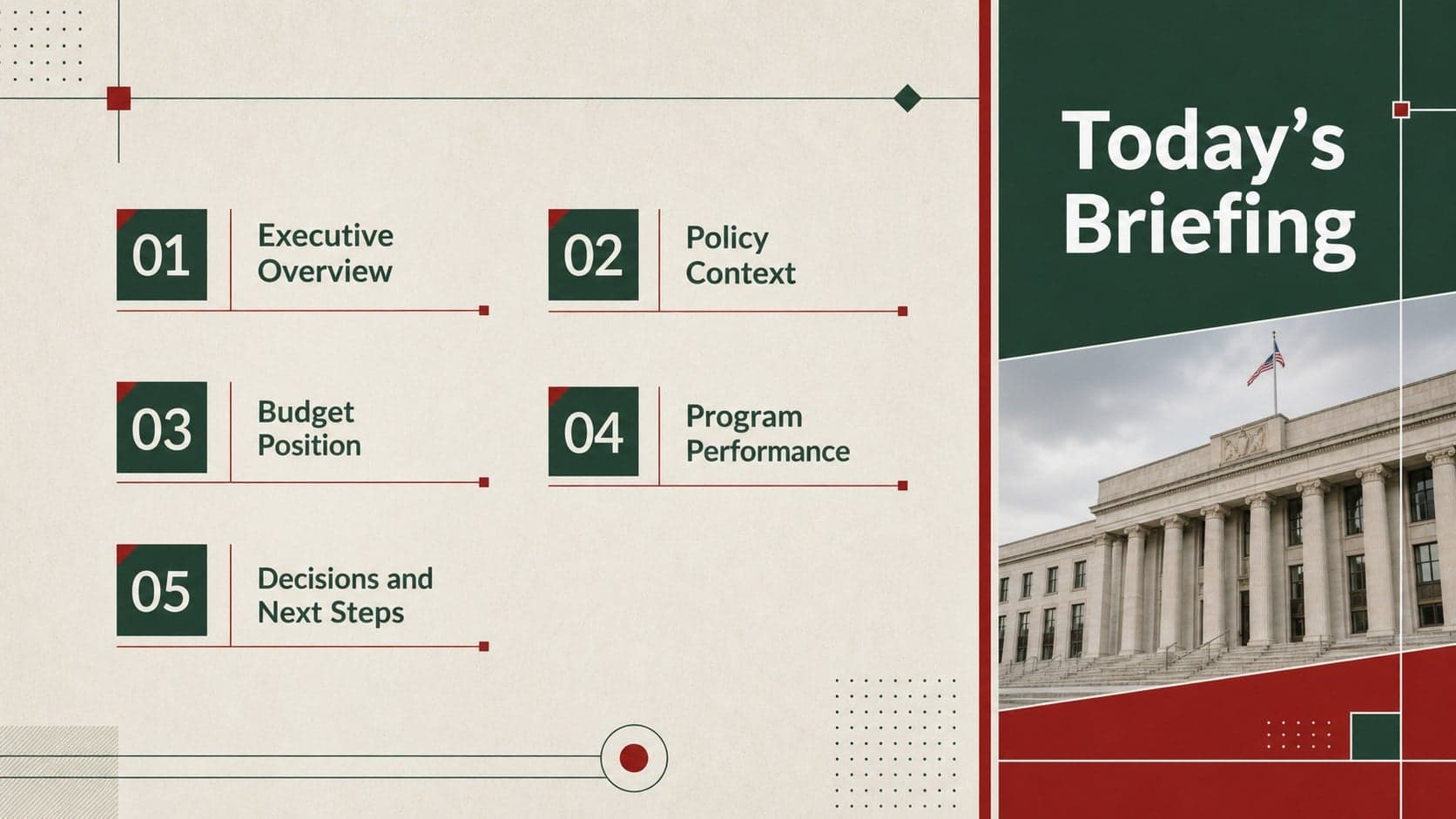 Government briefing agenda slide outlining policy, budget, performance, and community priorities.