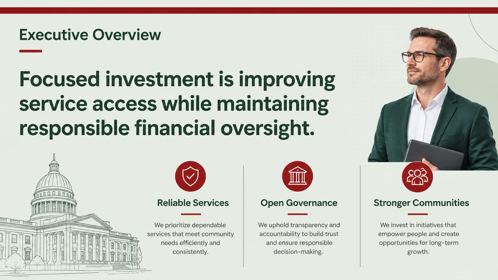 Public administration briefing slide presenting an executive overview and three strategic priorities.