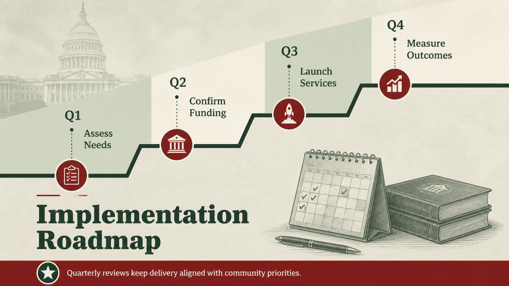 Municipal project update deck slide with a four-phase public program implementation timeline.