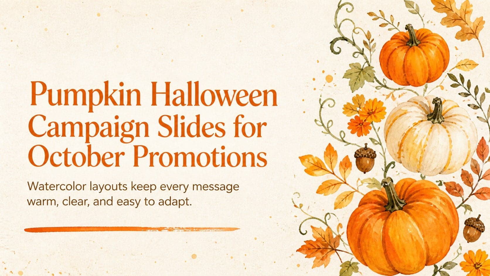 Cover for Pumpkin Halloween Campaign Slides with orange watercolor pumpkins, autumn leaves, and a clean seasonal title layout.