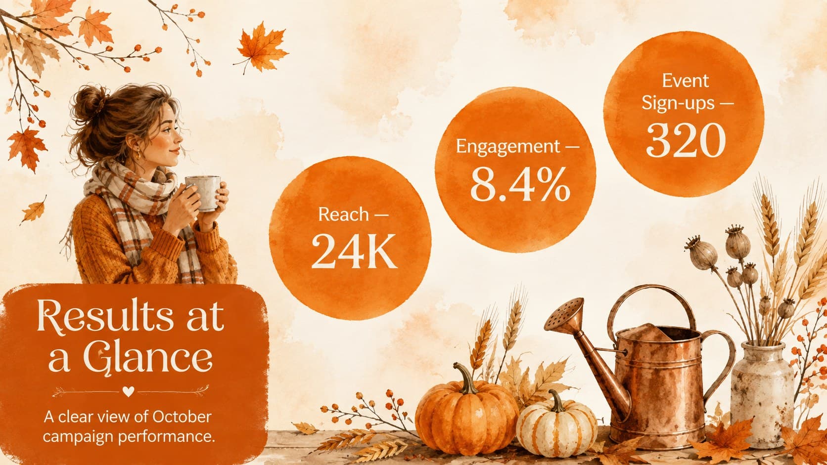 Pumpkin event promotion slide deck results page with campaign metrics, watercolor gourds, and orange autumn accents.