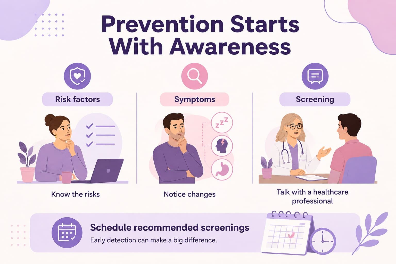 Cancer prevention presentation slide showing illustrated risk factors, screening reminders, and editable health facts.