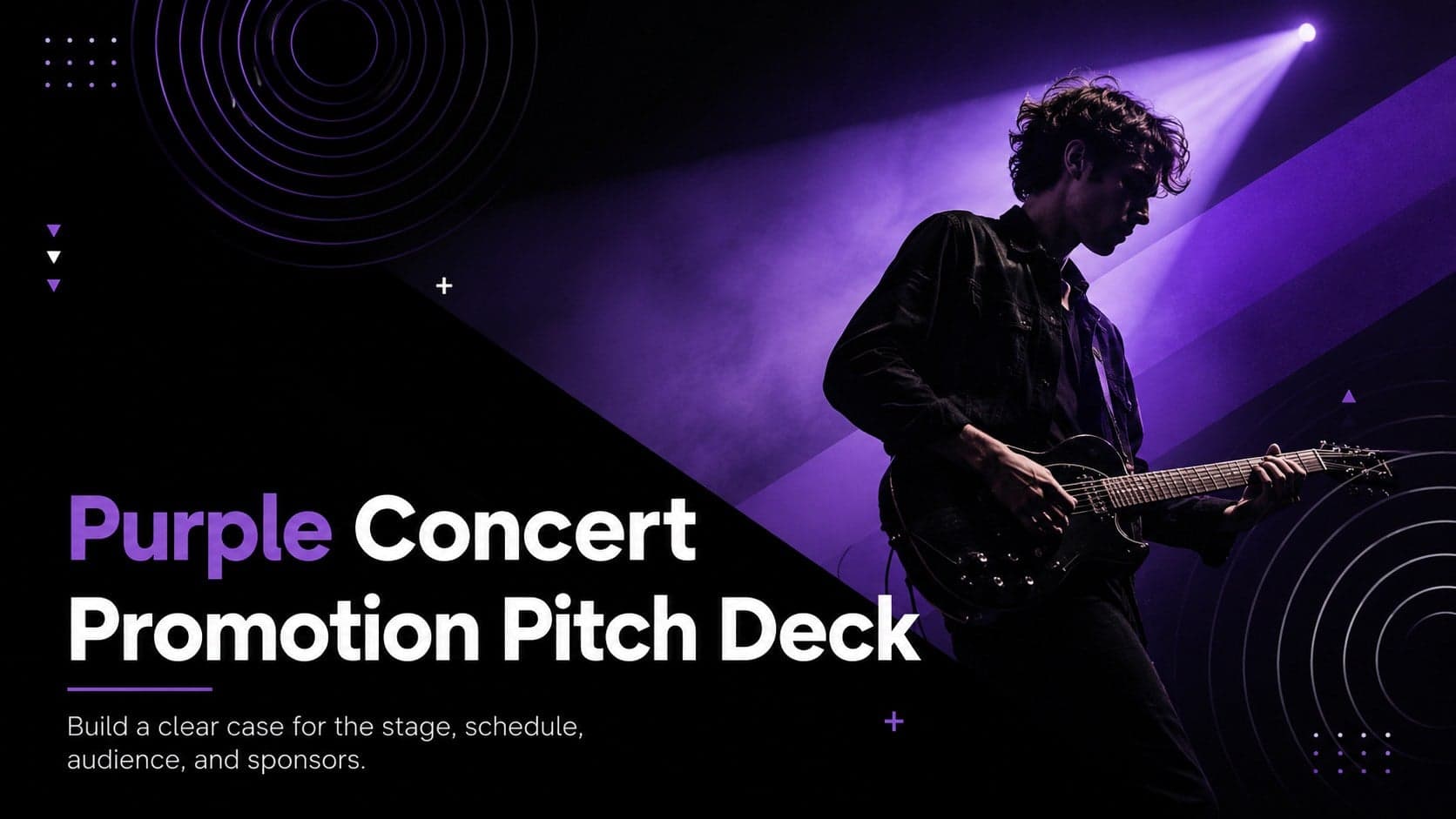 Cover of a Purple Concert Promotion Pitch Deck with bold typography and modern purple gradient graphics.