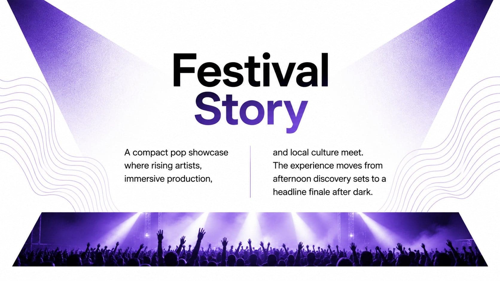 Purple concert proposal template slide outlining the festival story and creative direction.