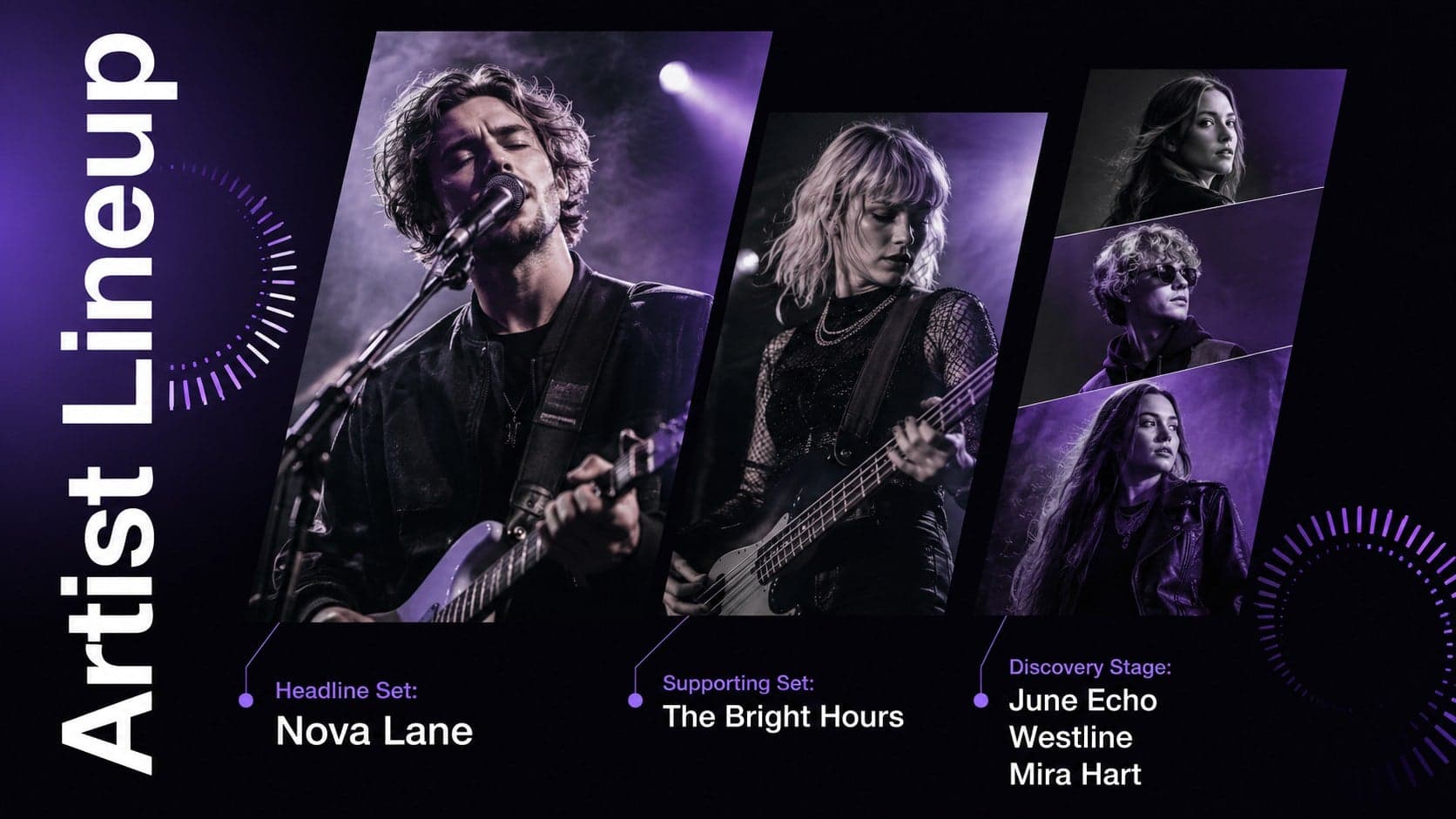 Music lineup announcement slide featuring headline, supporting, and emerging artist tiers.