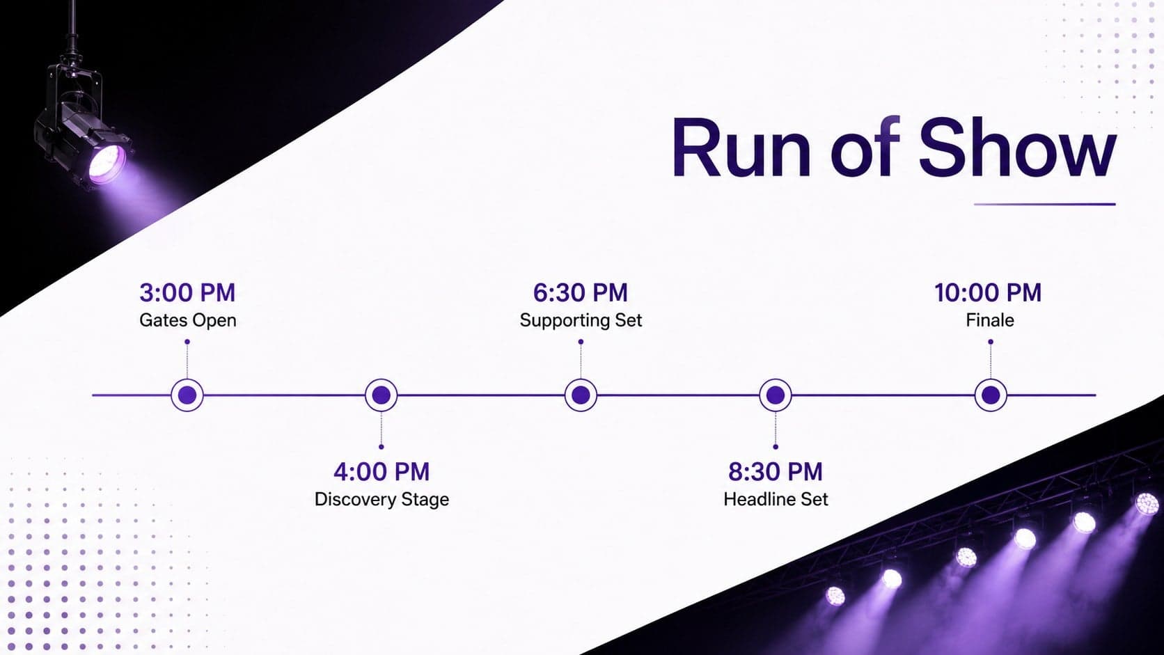 Concert run-of-show schedule displayed as a clean purple and black event timeline.
